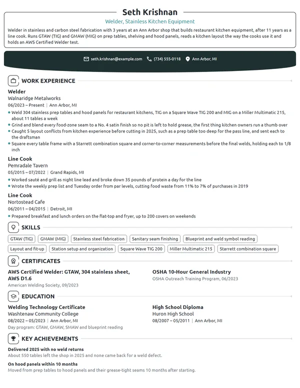 Career Change Welder resume example