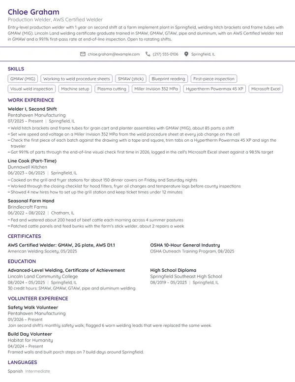 Entry-Level Welder resume example