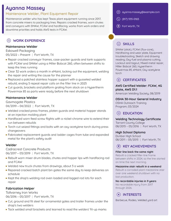 Maintenance Welder resume example