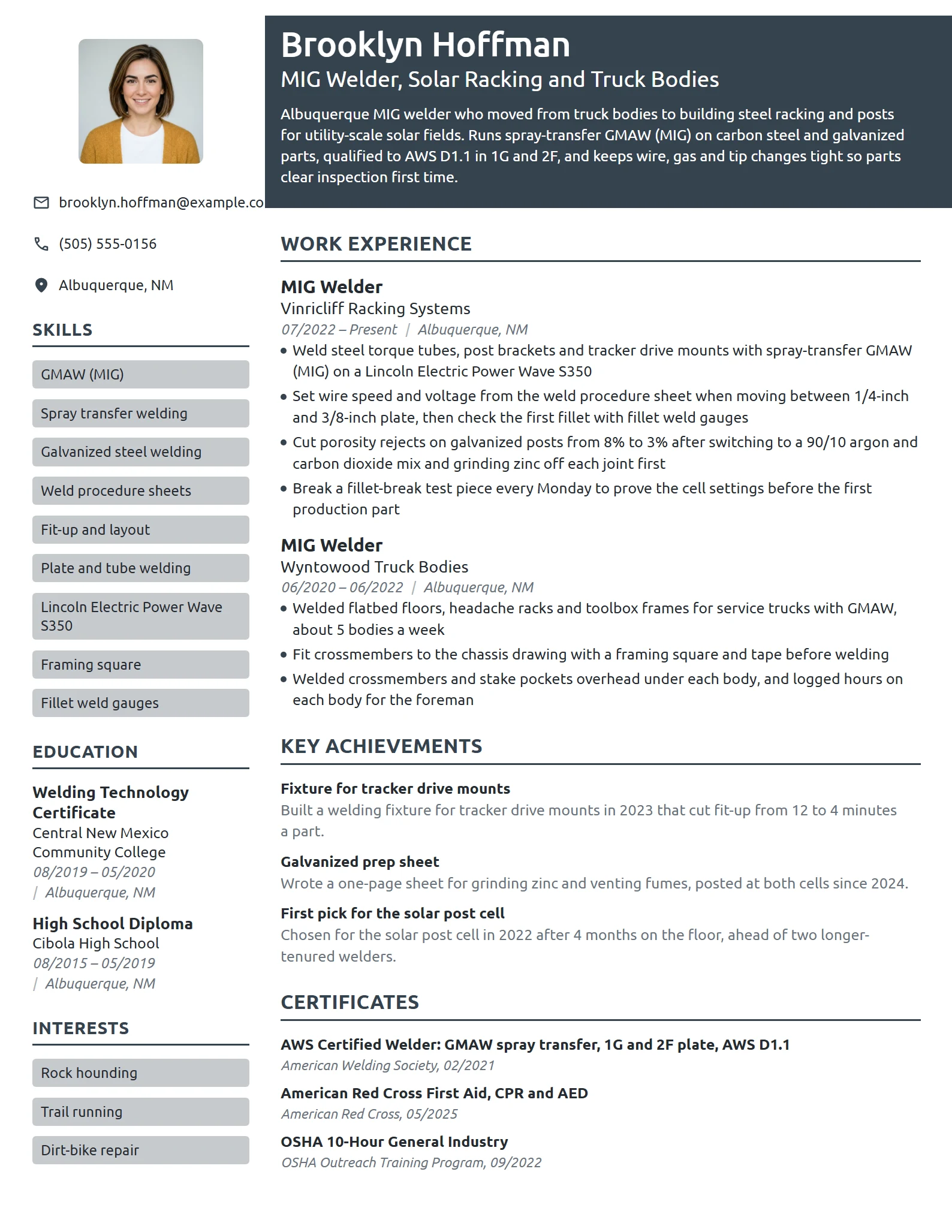MIG Welder resume example