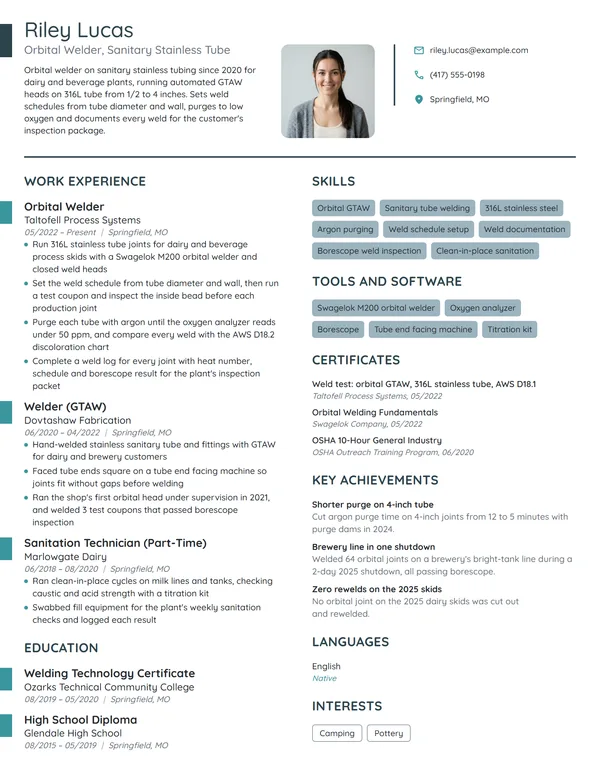 Orbital Welder resume example