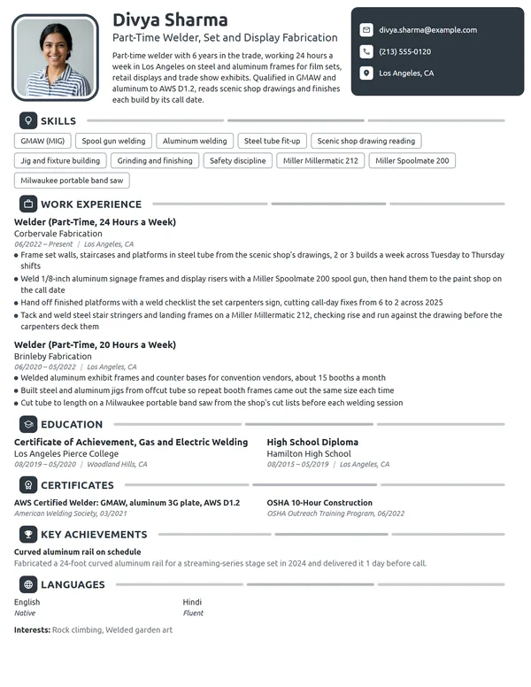 Part-Time Welder resume example