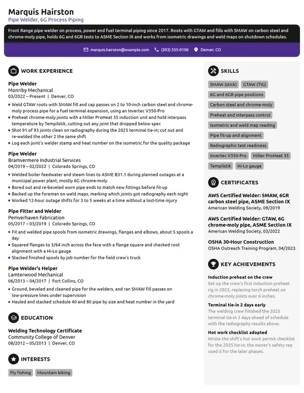 Pipe Welder resume example