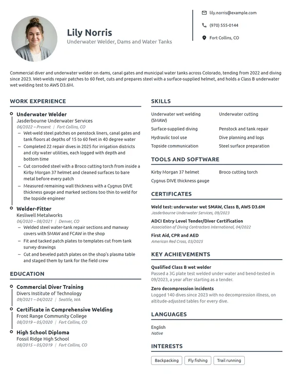 Underwater Welder resume example