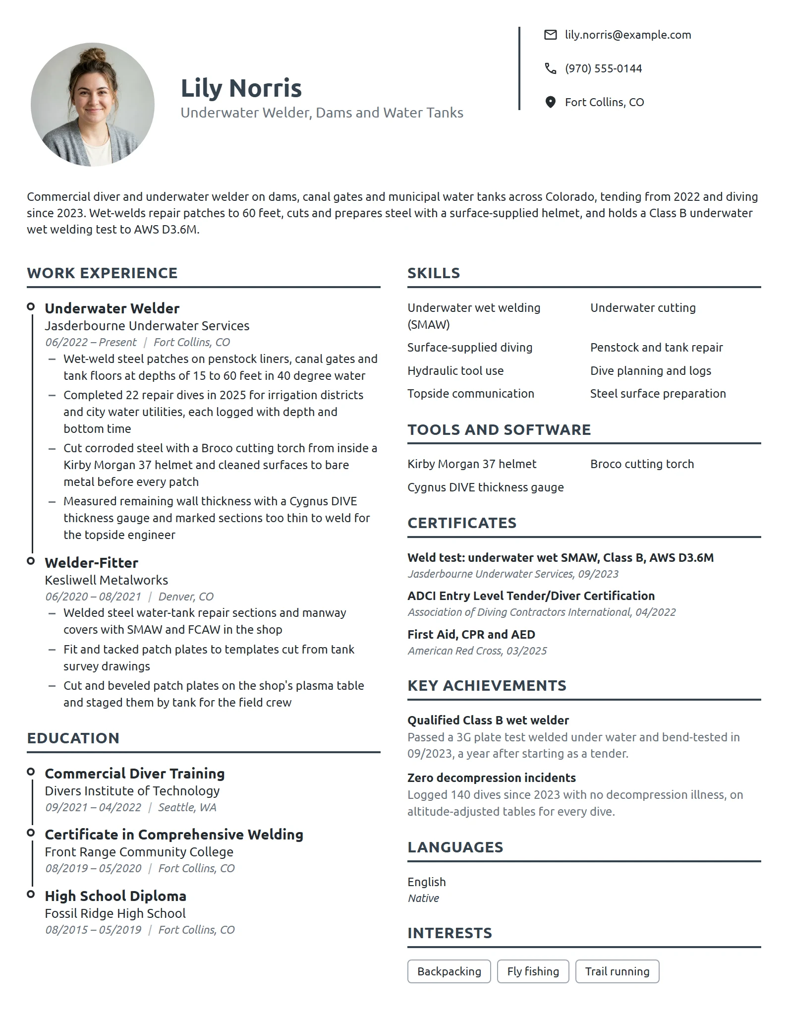 Underwater Welder resume example
