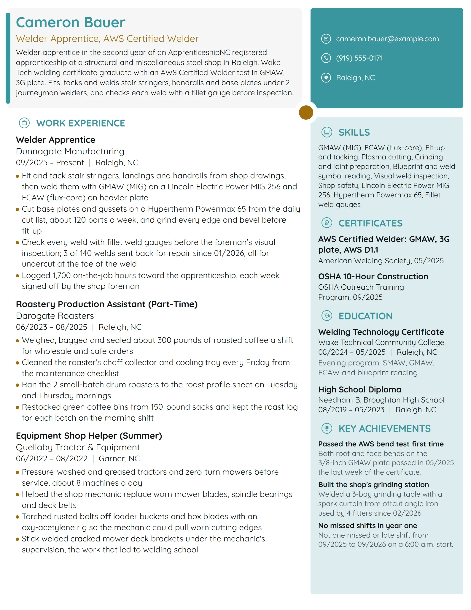 Welder Apprentice resume example