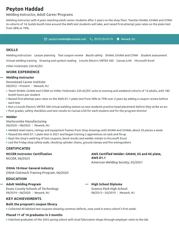 Welding Instructor resume example