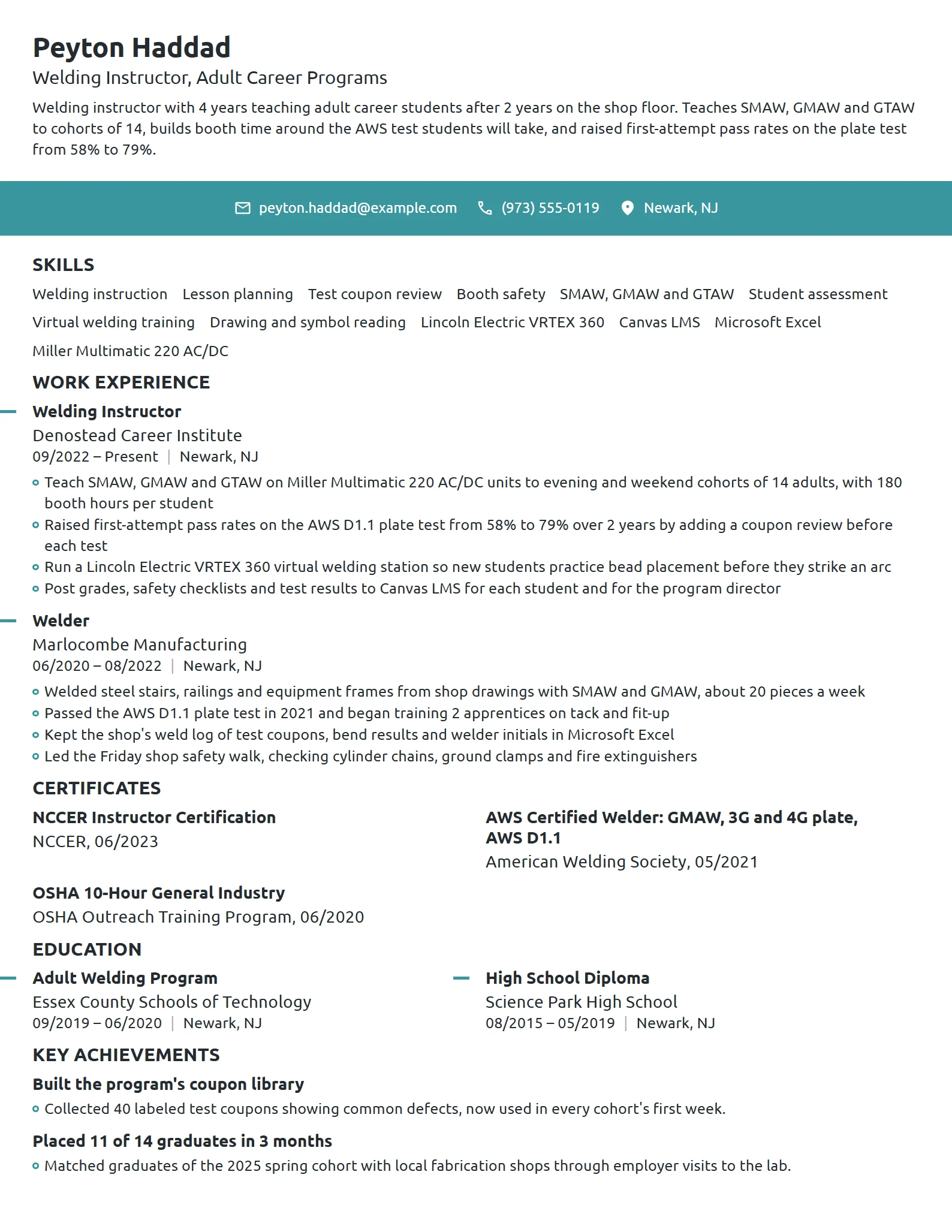 Welding Instructor resume example