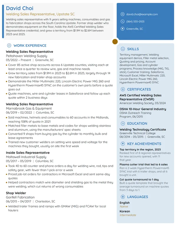 Welding Sales Representative resume example