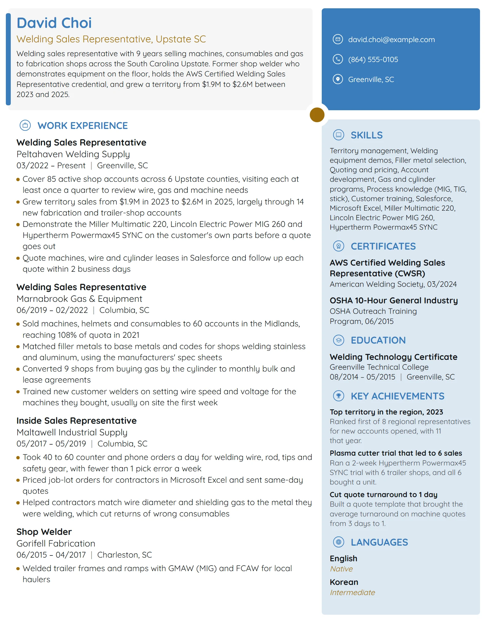 Welding Sales Representative resume example
