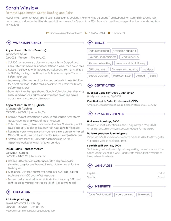 Work-From-Home Appointment Setter resume example