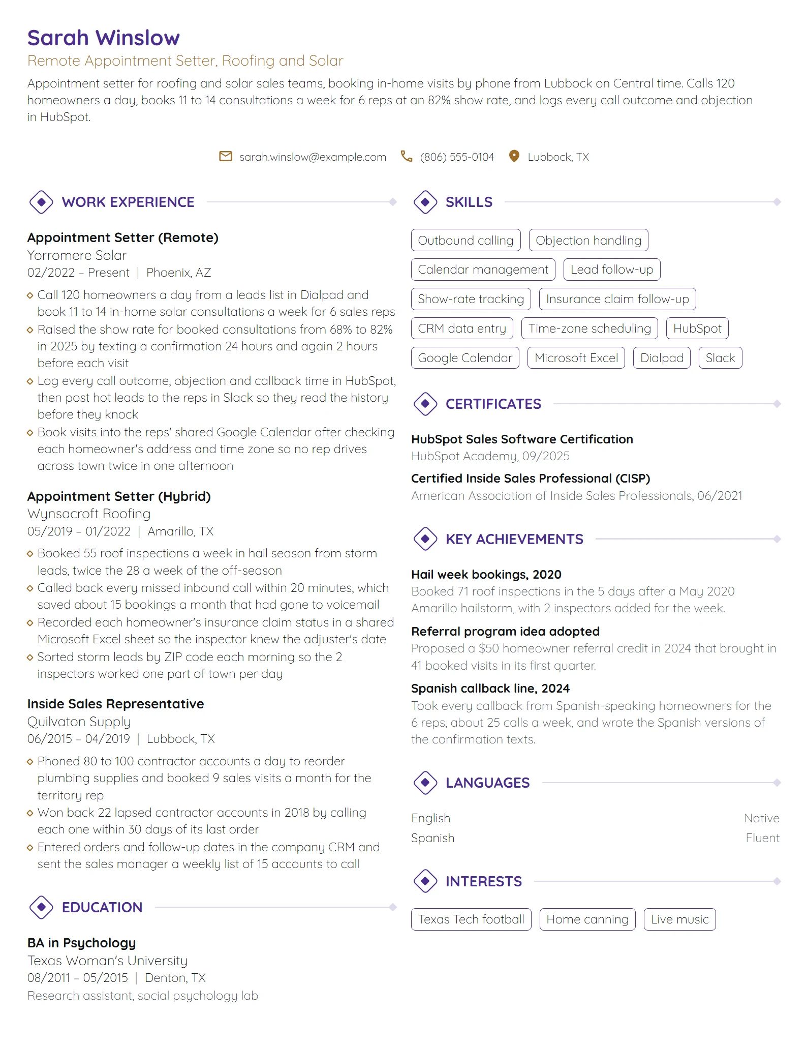 Work-From-Home Appointment Setter resume example