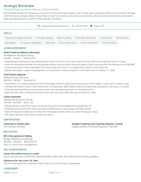 Work-From-Home Claims Adjuster resume example