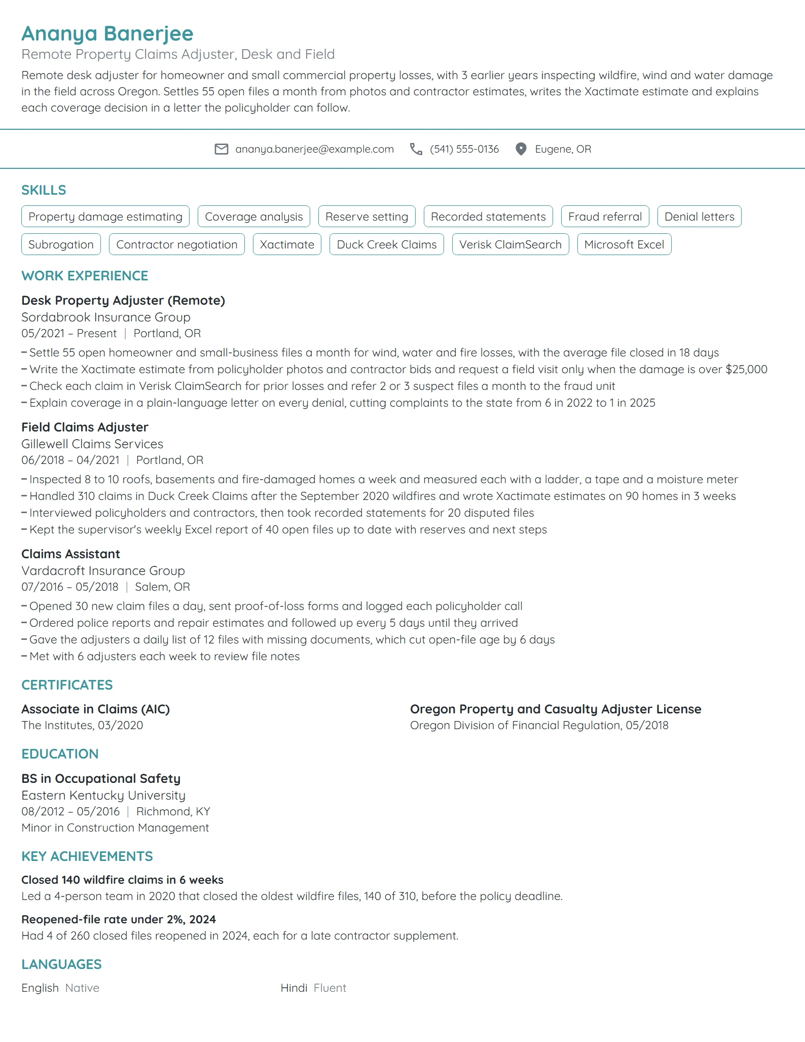 Work-From-Home Claims Adjuster resume example