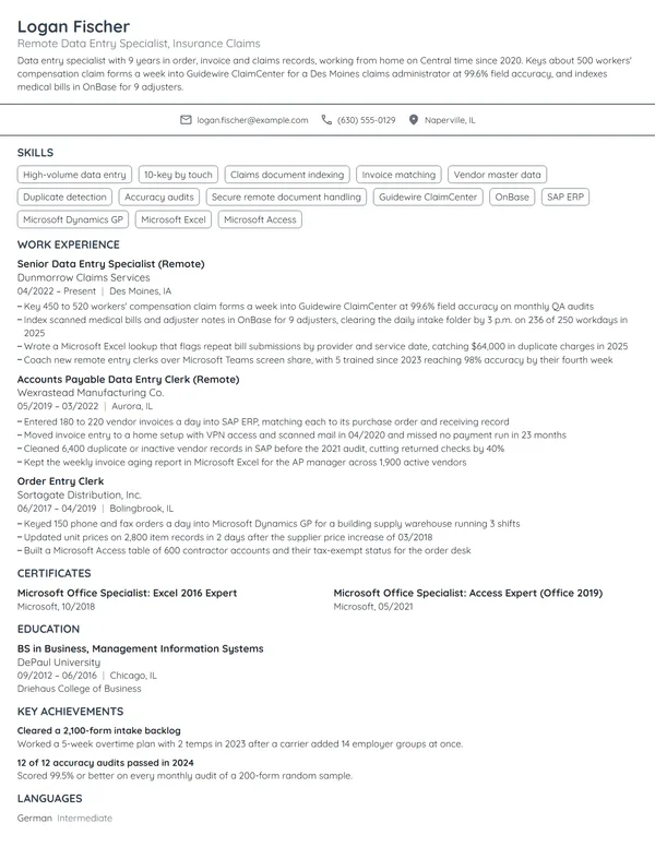Work-From-Home Data Entry Specialist resume example