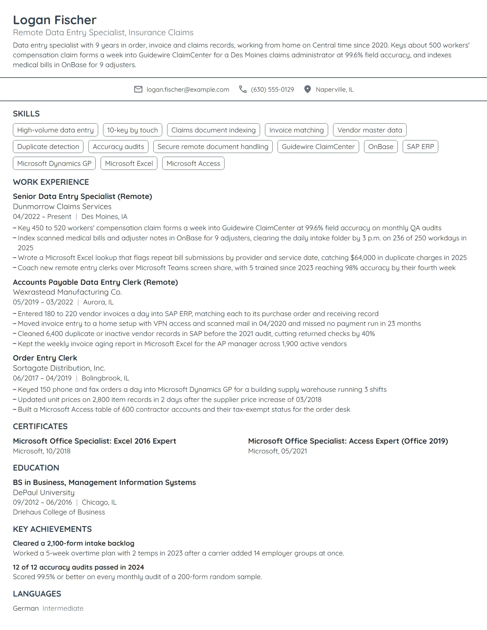 Work-From-Home Data Entry Specialist resume example