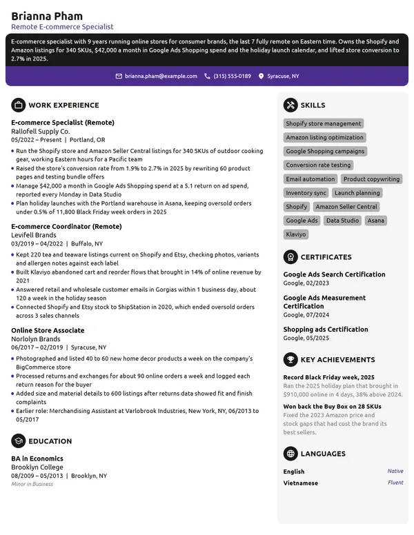 Work-From-Home E-commerce Specialist resume example