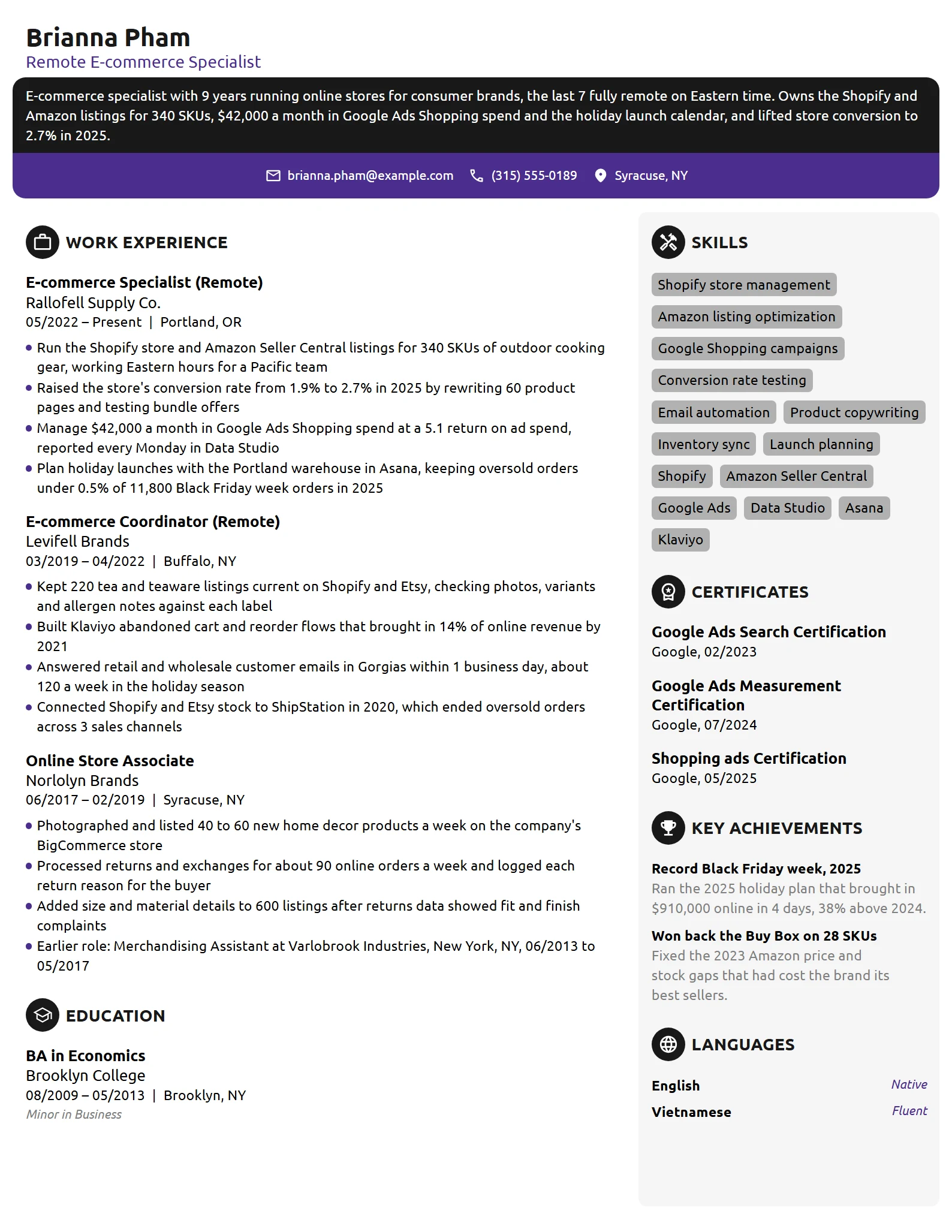 Work-From-Home E-commerce Specialist resume example