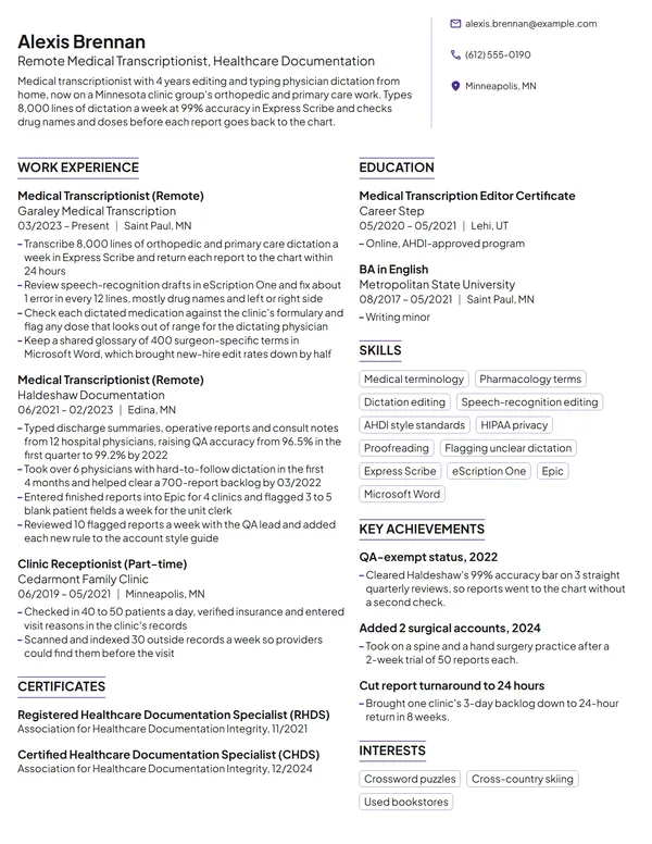 Work-From-Home Medical Transcriptionist resume example