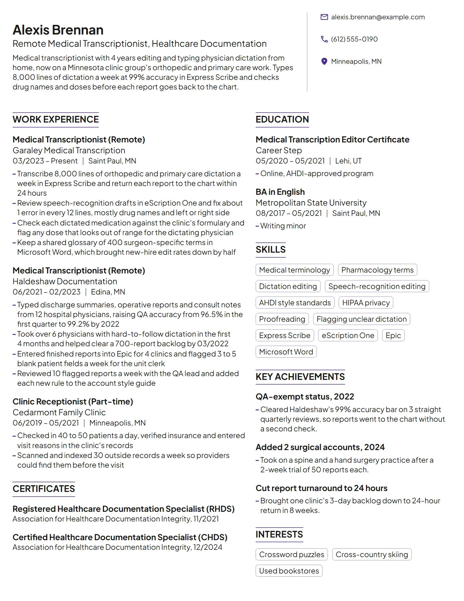 Work-From-Home Medical Transcriptionist resume example