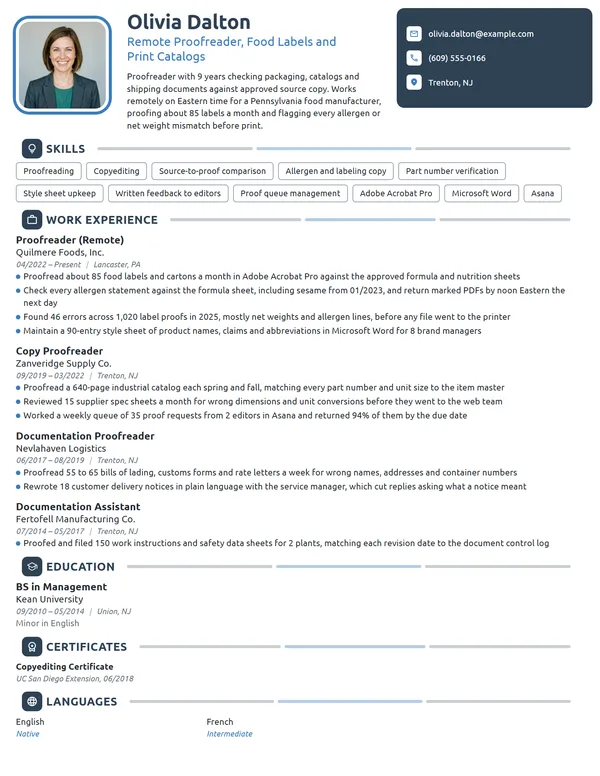 Work-From-Home Proofreader resume example