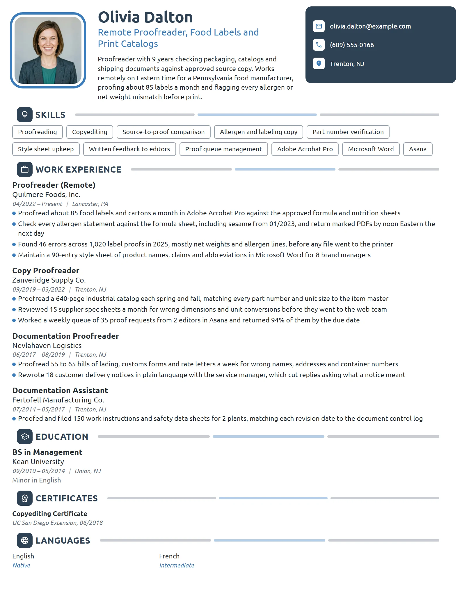 Work-From-Home Proofreader resume example