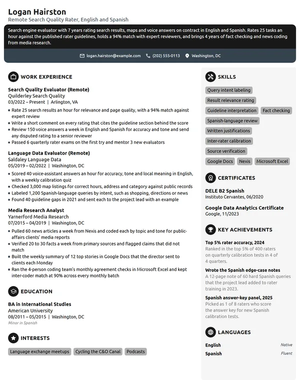 Work-From-Home Search Engine Evaluator resume example