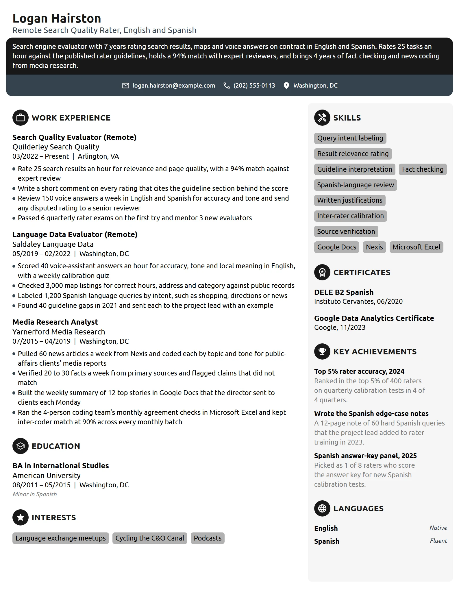 Work-From-Home Search Engine Evaluator resume example