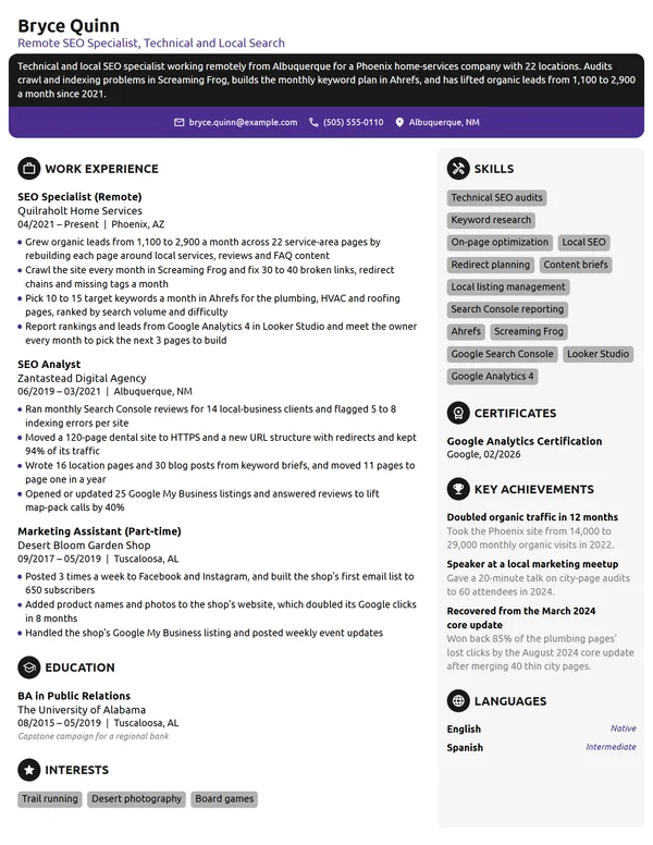 Work-From-Home SEO Specialist resume example