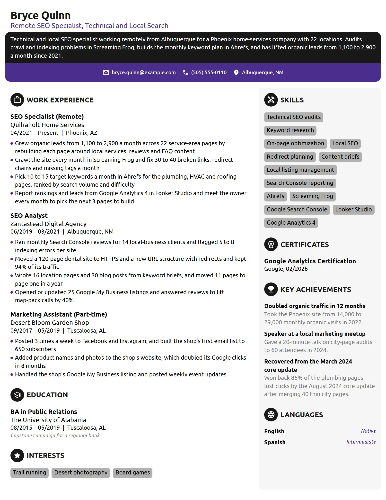 Work-From-Home SEO Specialist resume example