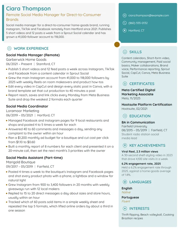Work-From-Home Social Media Manager resume example