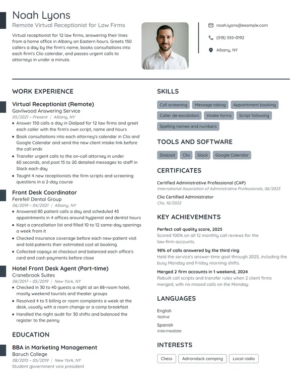 Work-From-Home Virtual Receptionist resume example
