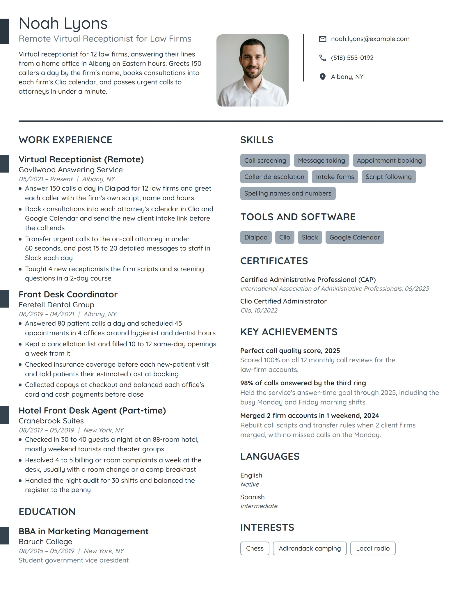 Work-From-Home Virtual Receptionist resume example
