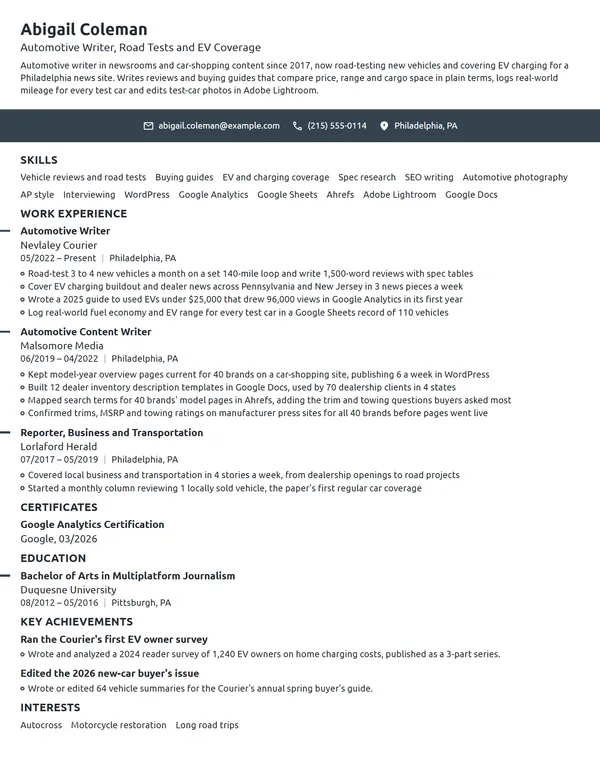 Automotive Writer resume example