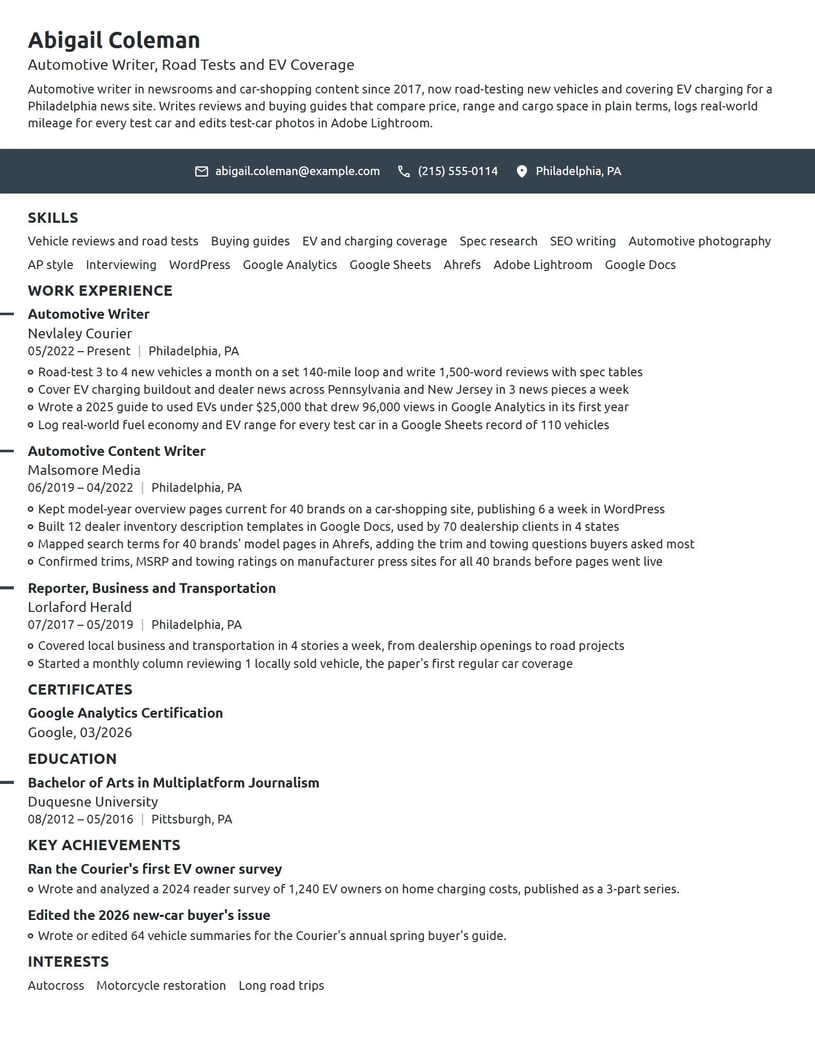 Automotive Writer resume example