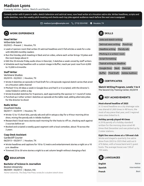 Comedy Writer resume example