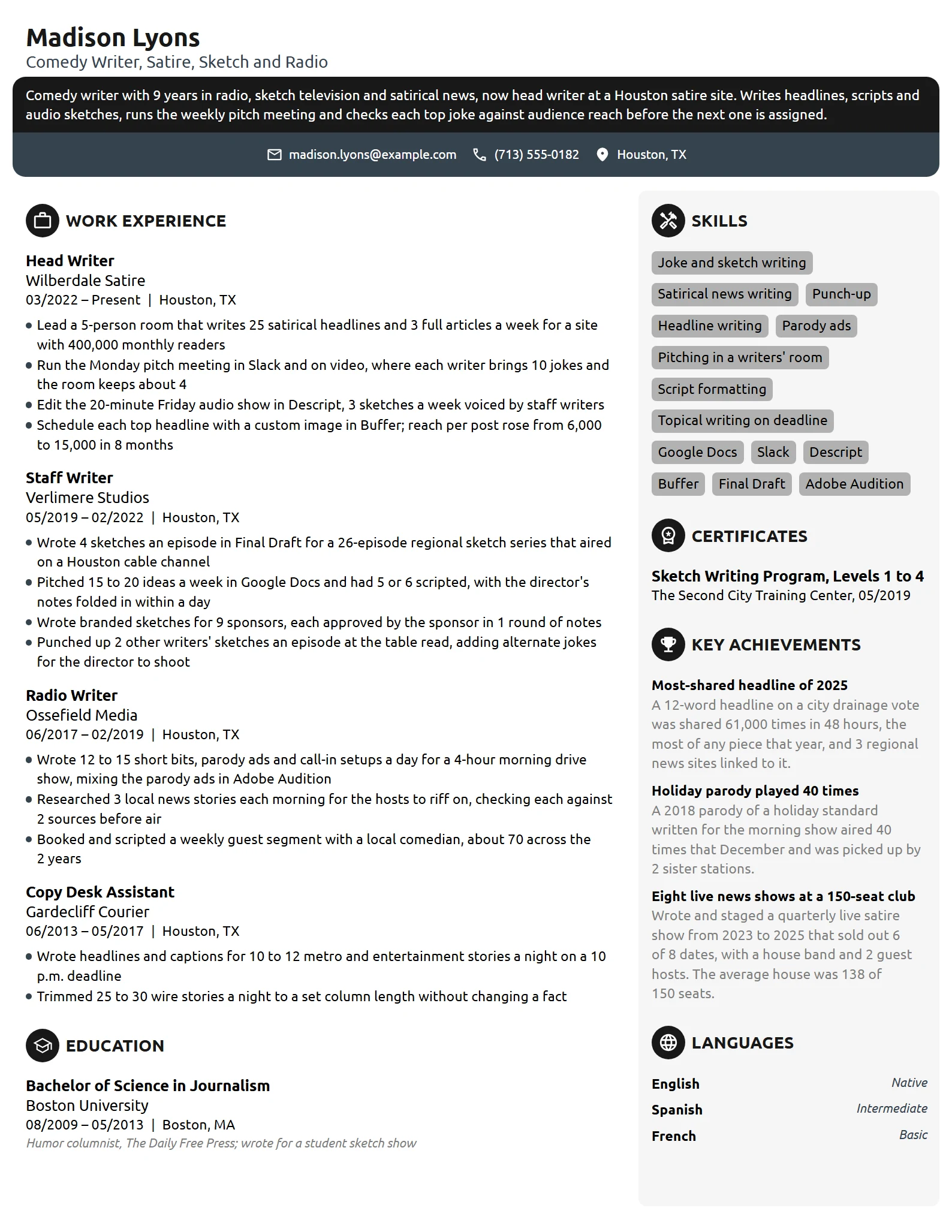 Comedy Writer resume example