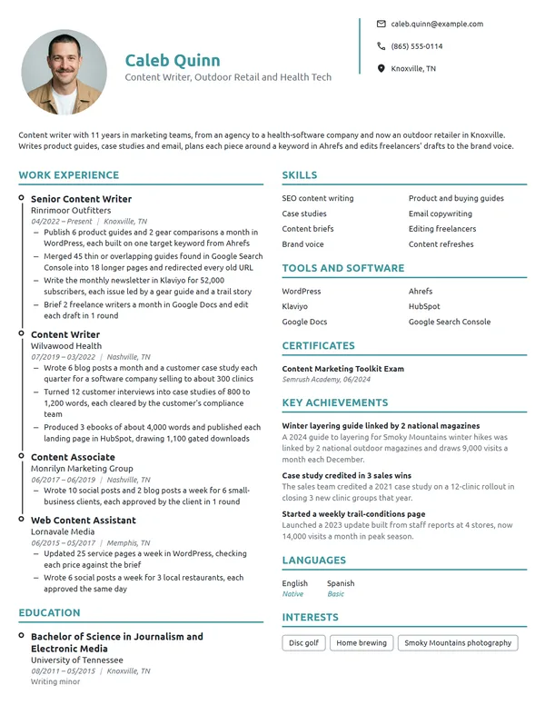 Content Writer resume example