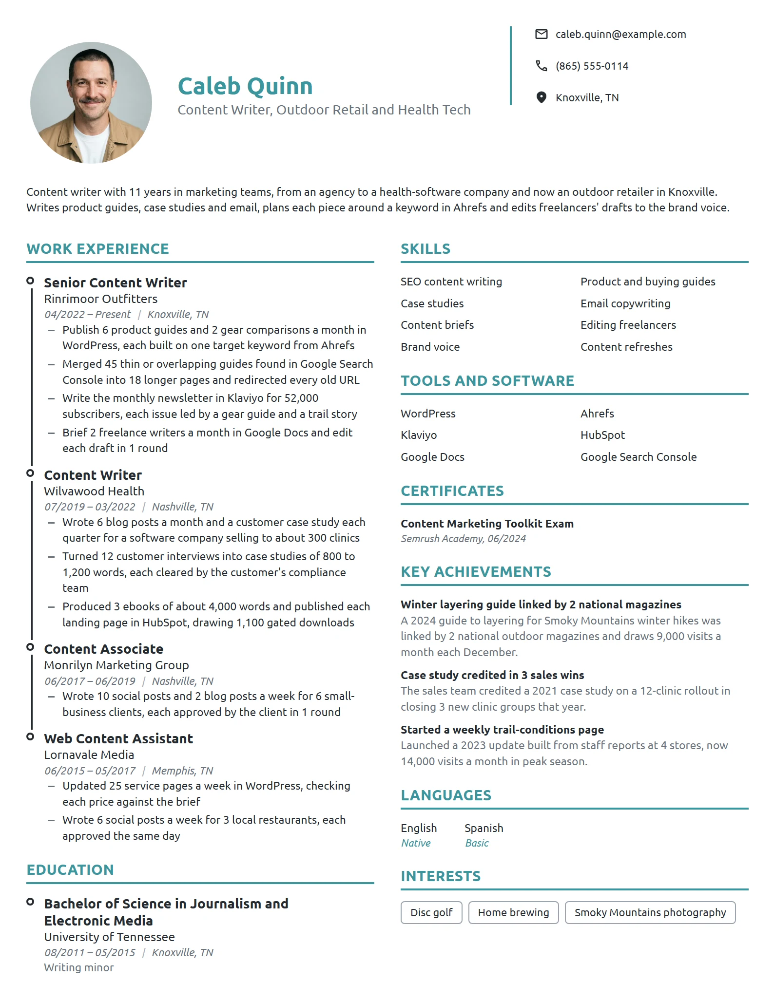 Content Writer resume example