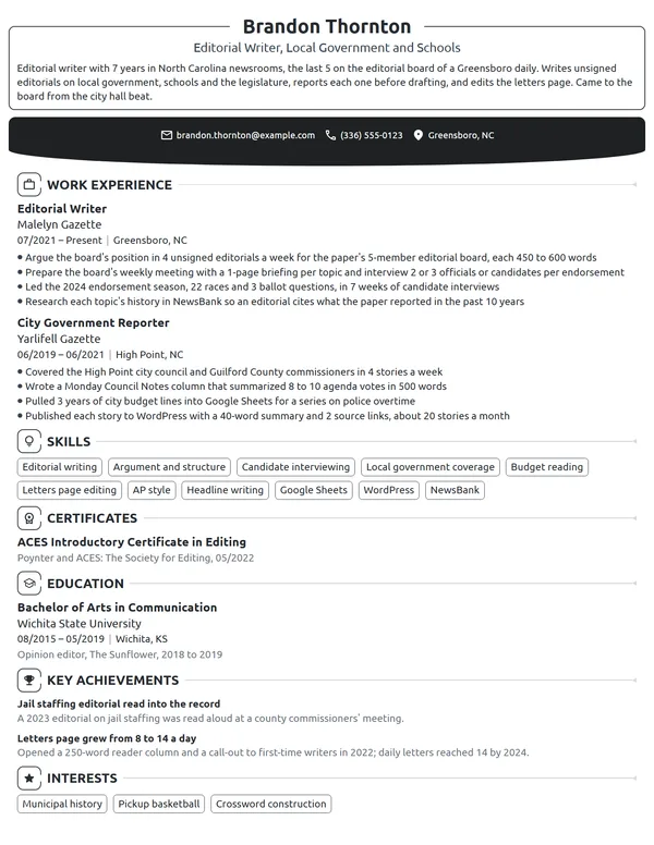 Editorial Writer resume example