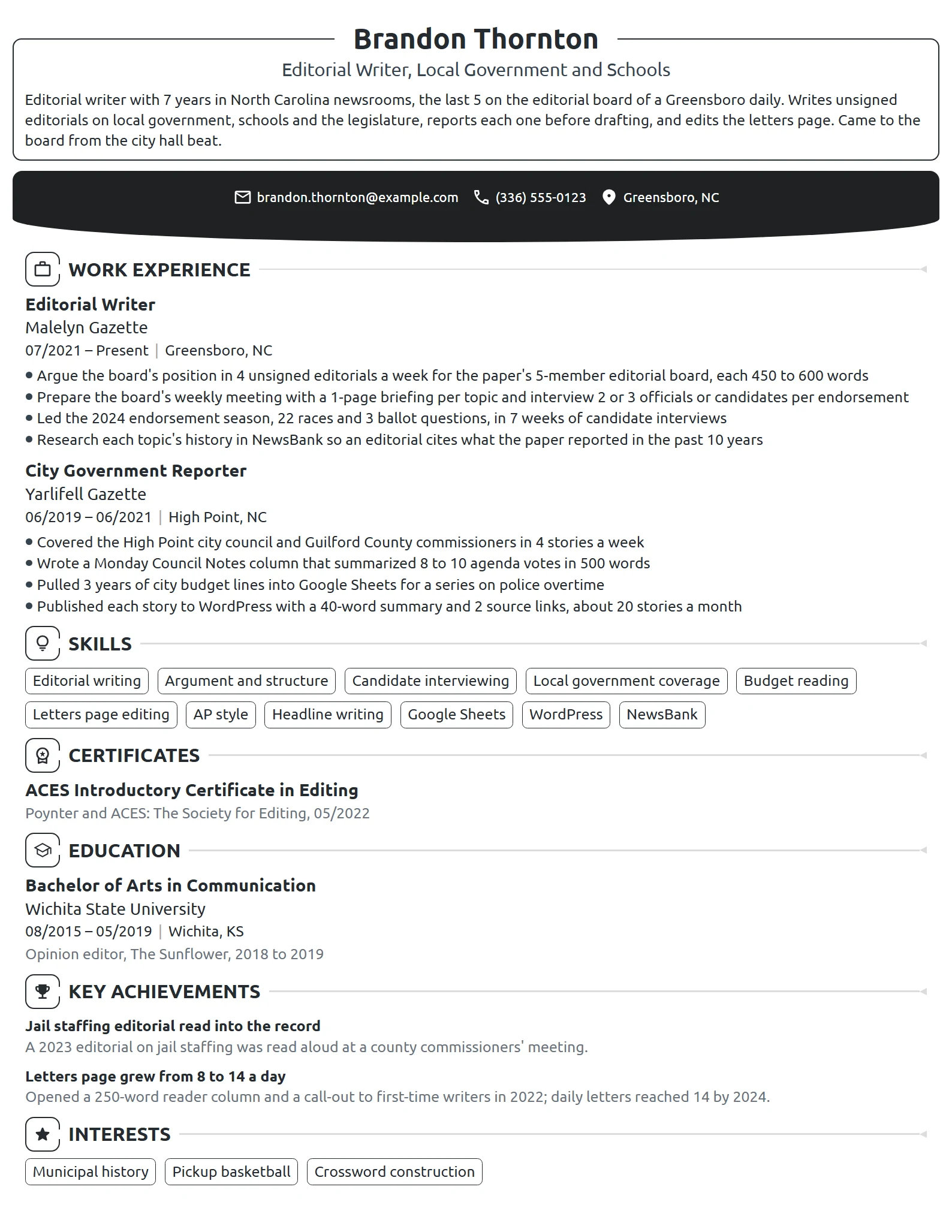 Editorial Writer resume example