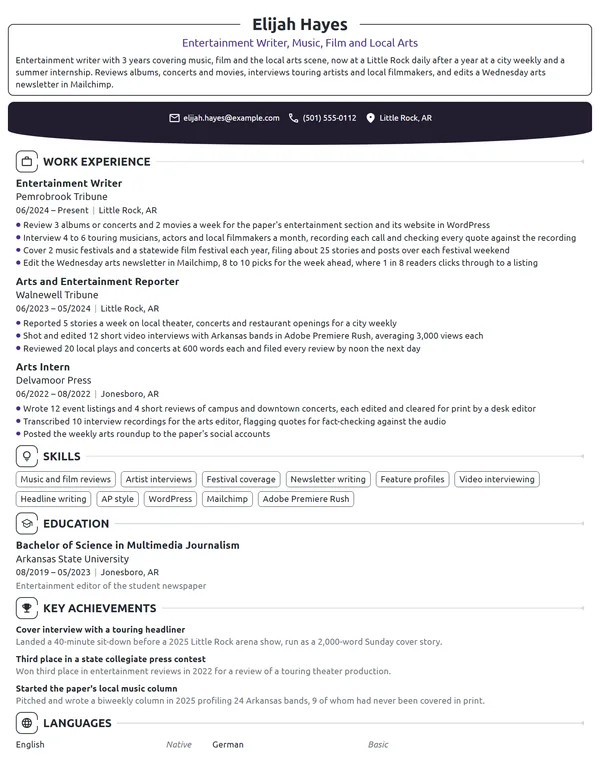 Entertainment Writer resume example