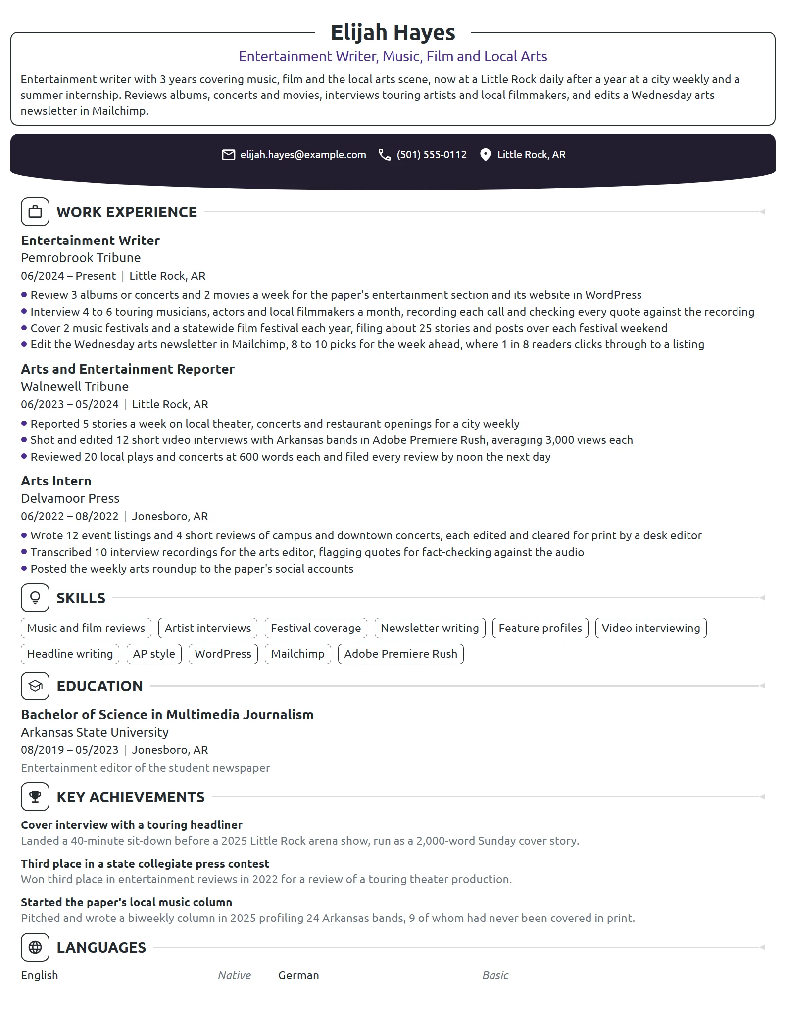 Entertainment Writer resume example