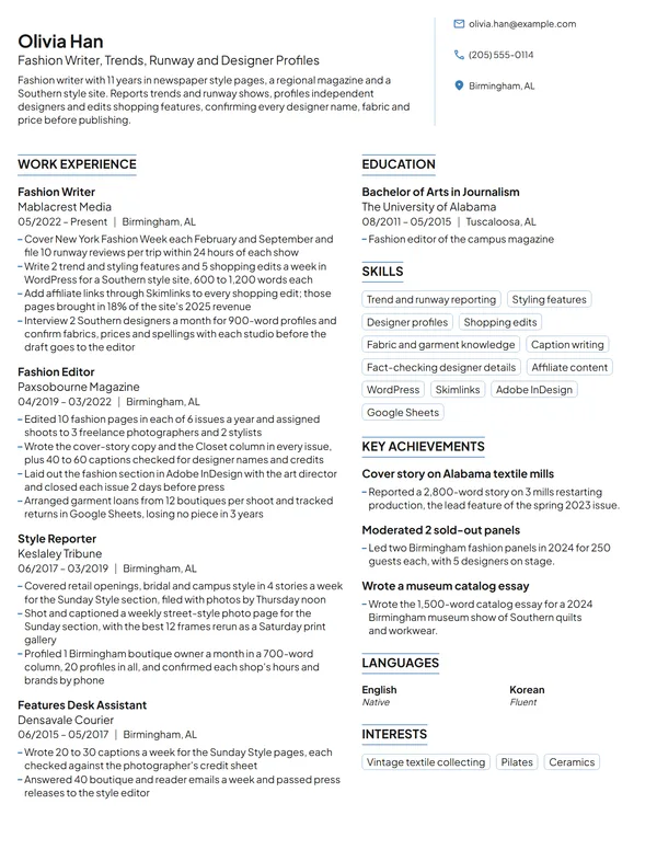 Fashion Writer resume example