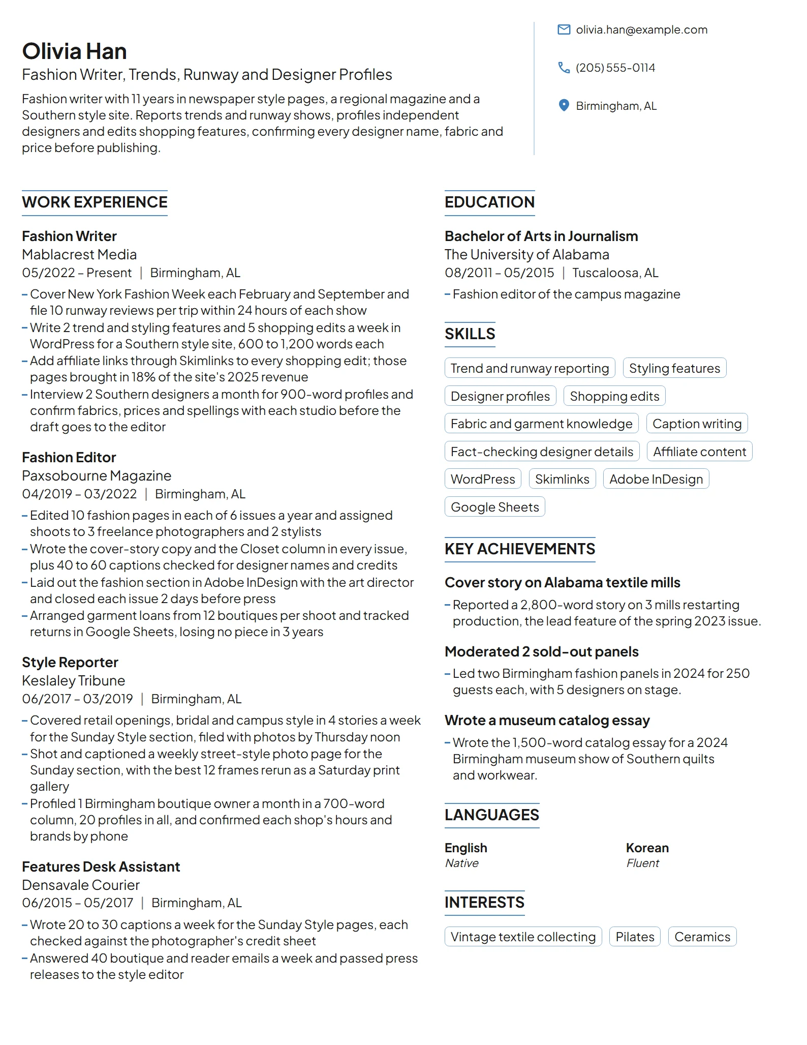 Fashion Writer resume example