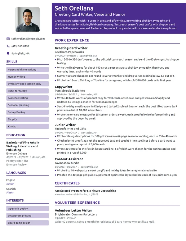 Greeting Card Writer resume example