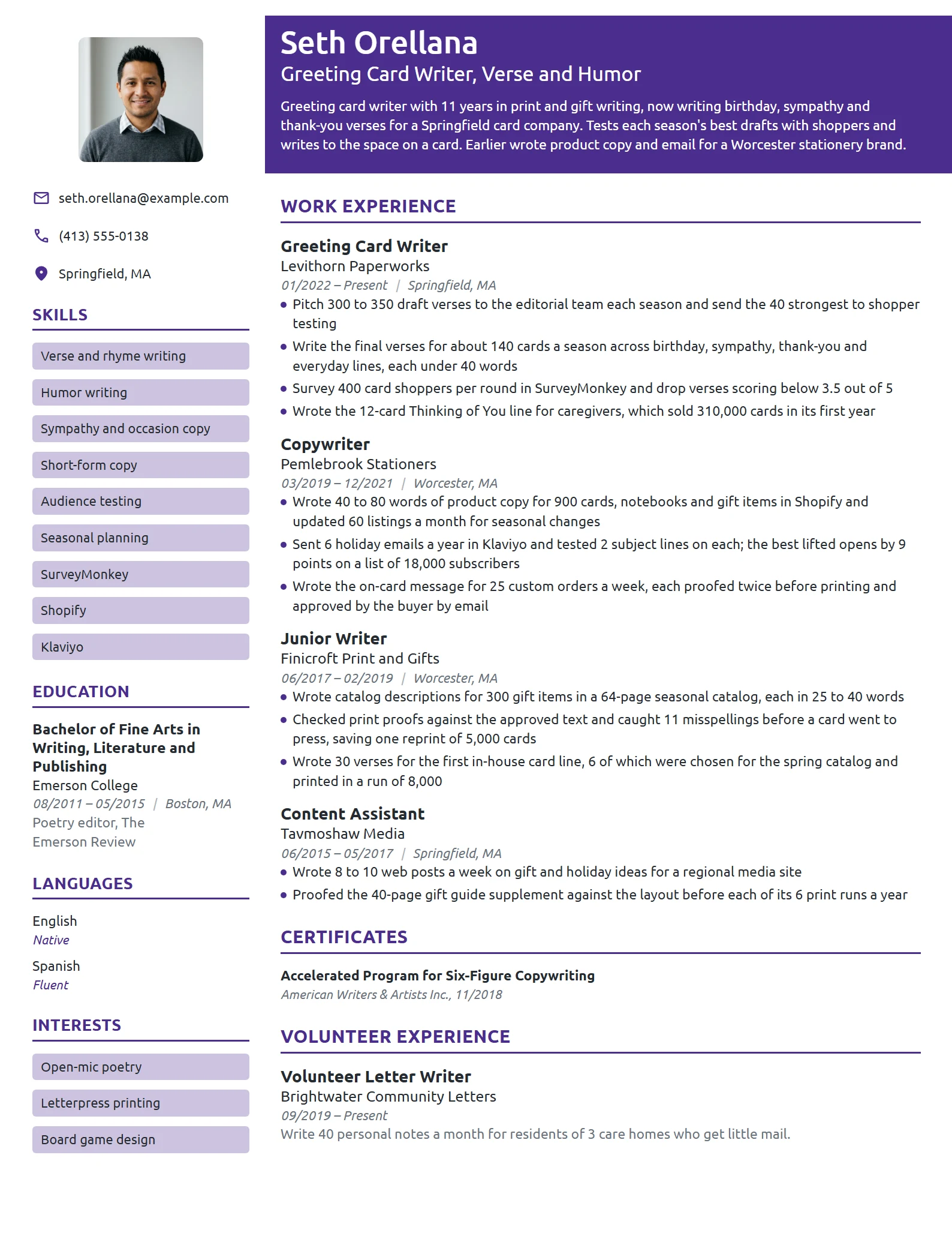 Greeting Card Writer resume example