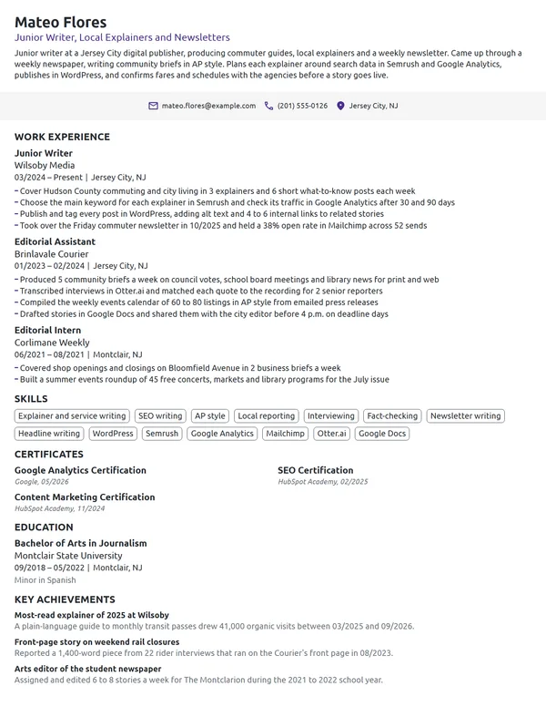 Junior Writer resume example