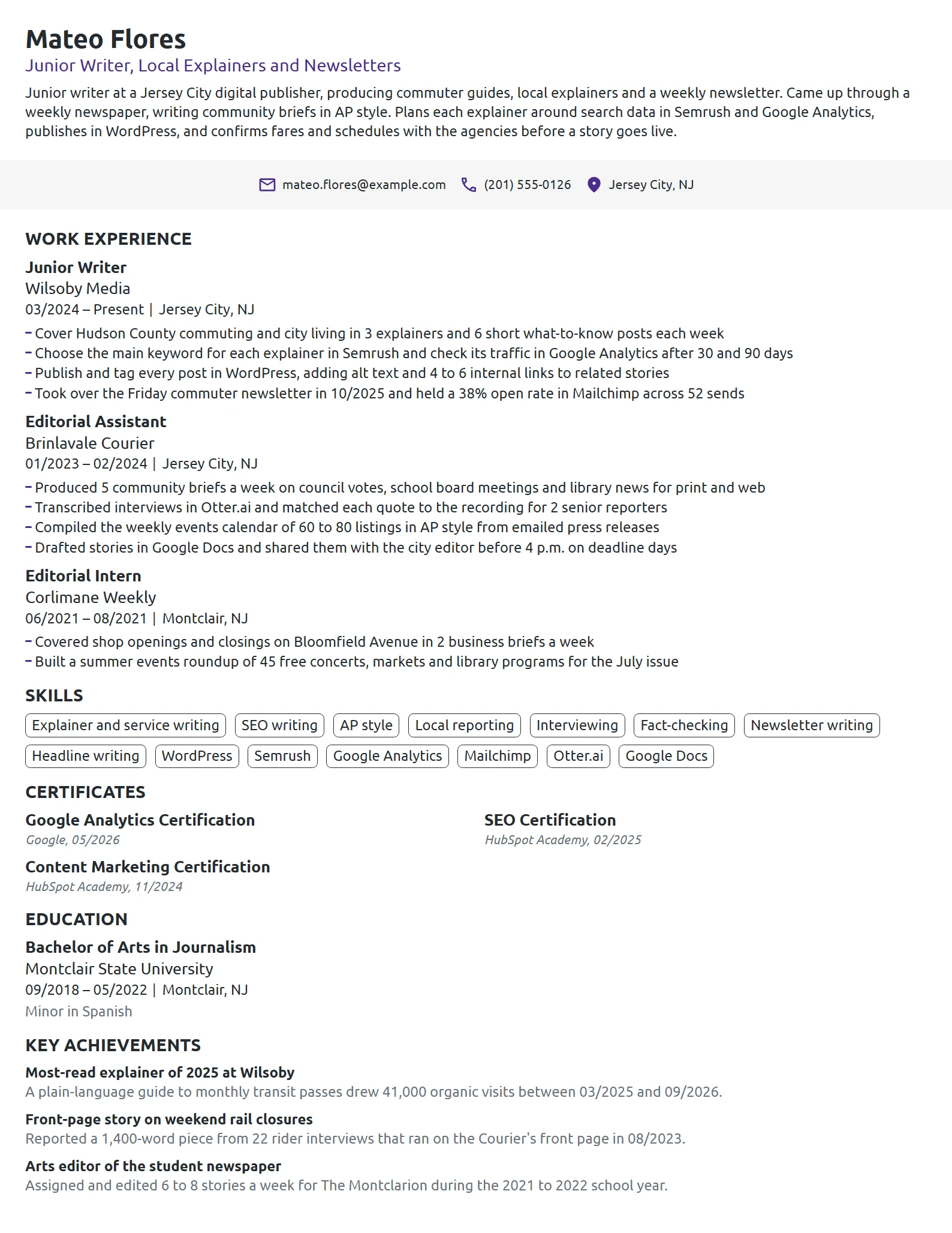 Junior Writer resume example
