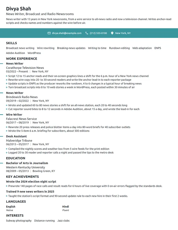 News Writer resume example